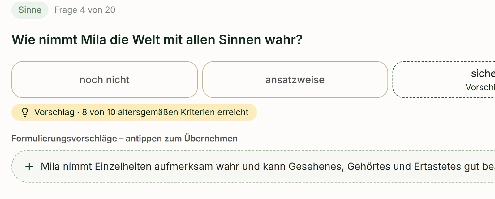 Bericht-Editor: Frage 4 von 20 mit Stufenvorschlag und Formulierungsvorschlägen