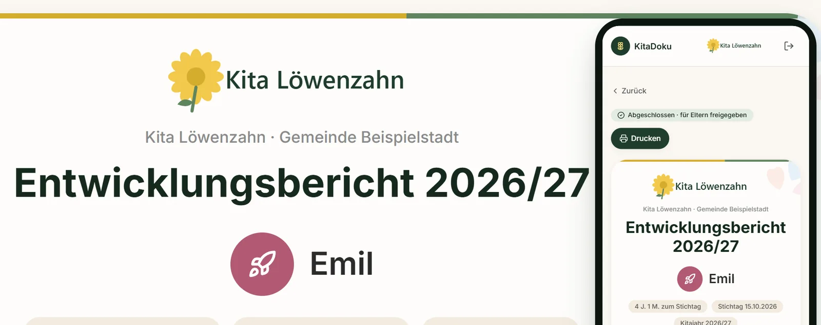 Entwicklungsbericht mit Kita-Logo, daneben die Elternansicht auf dem Smartphone