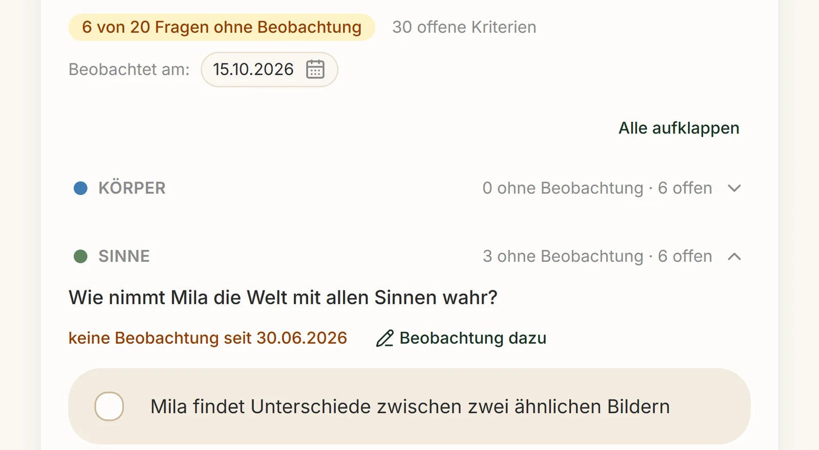 „Was fehlt noch?“: 6 von 20 Fragen ohne Beobachtung, Bereich Sinne aufgeklappt